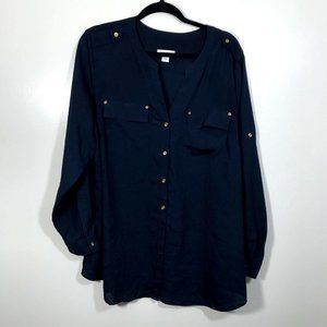 Charter Club Womens Blue Button Front Collared Top